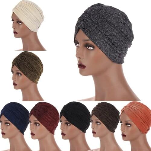 Indian Turban Muslim Women Hijab Underscarf Glitter Bonnet Chemo Cap Pleated Cancer Hat Islam Headwear Scarf Beanie Inner