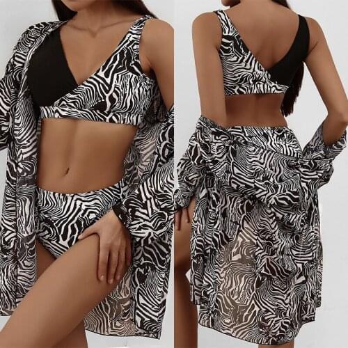 3PCS Women Black Striped Print Bikini Set Swimwear Long Sleeve Cardigan Swimsuit Cover Up Beachwear Bathing Suit Dress