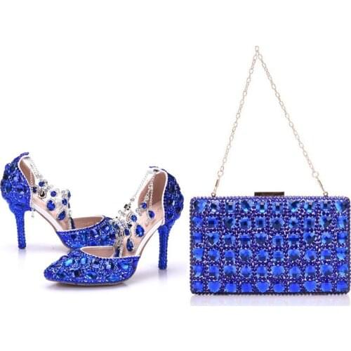 Crystal Queen Lady Wedding Shoes With Matching Bags Set Royal Blue Crystal Bride Payty Dress Shoes Purse Women High Heel Sandals