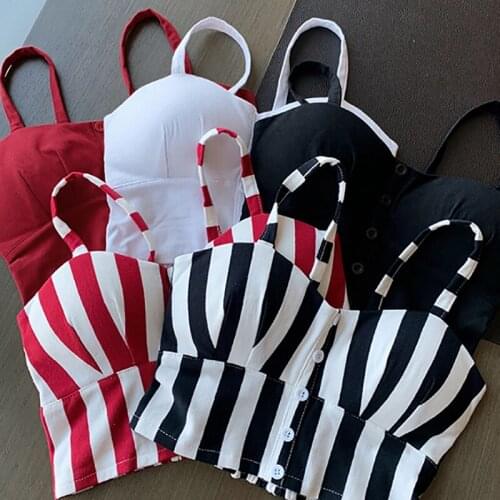 Striped Short Crop Top Women Cropped Sexy Slim Korean Clothes 2021 Summer Tops Elasticity Button Tank Top Backless Cami Camisole