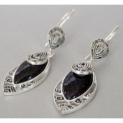 Hot Sell NEW 21/5" Vintage New tibetan Silver multicolor sand jade Marcasite Hook Earrings