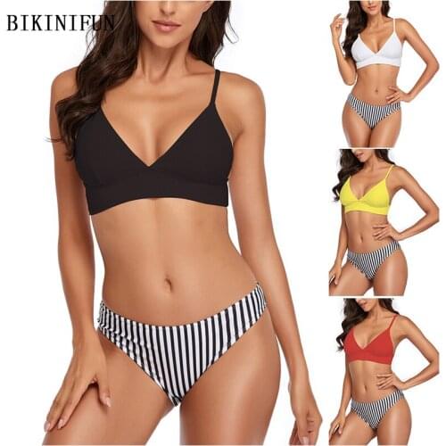 2021 New Sexy Triangle Bralette Swimwear Women Solid Top Swimsuit Striped Print Bottom Beachwear S-XL Girl Backless Bikini Set