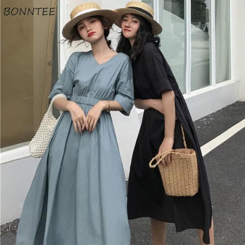 Short Sleeve Dress Women Solid Summer Simple Leisure Friends Temperament Mid-calf Female Vestidos Ulzzang College Elastic Waist