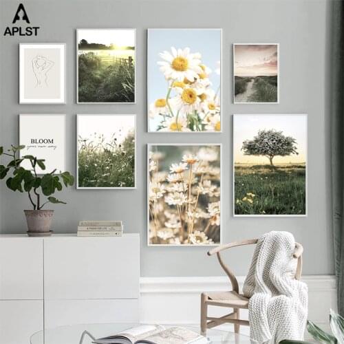 Wild Daisy Flower Canvas Poster Sunrise Farm Field Mountain Tree Painting Prints Seascape Woman Picture Wall Art Home Decor
