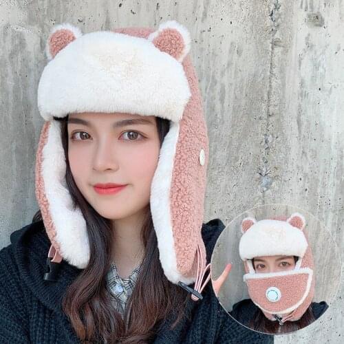Ears Lamb Wool Lei Feng Hat Womens Autumn and Winter Cold Caps Plus Velvet Warm Windproof Cycling Caps with Mask Protection