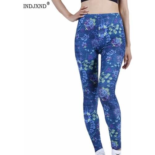 INDJXND Retro Blue Floral Leggings Sport Women Fitness Push Up High Waist Workout Running Sportswear Gym Tights Solid Yoga Pants