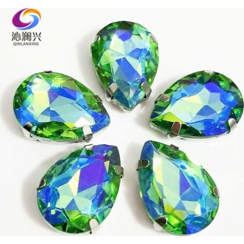 Super beauty Green AB color drop shape High quality Glass Crystal sew on rhinestones with holes,Diy Clothing accessories SWS24