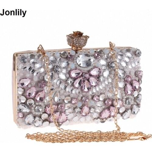Colorful Diamond Party Ladies Evening Clutch Bags Appliques Chain Women Shoulder Purse Handbag with Luxury Pearl SLI-358