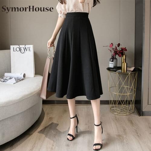 New A-line Skirts Woman High Waist Casual Streetwear Work Wear Office Ladies Skirt Midi Retro Korean Style Faldas Femme OL