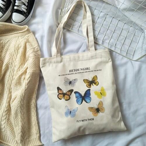 Butterfly Print Summer Vintage New Cartoon Ulzzang Sweet Harajuku Large Capacity Canvas Ins Womens Shoulder Chic Korean Bag