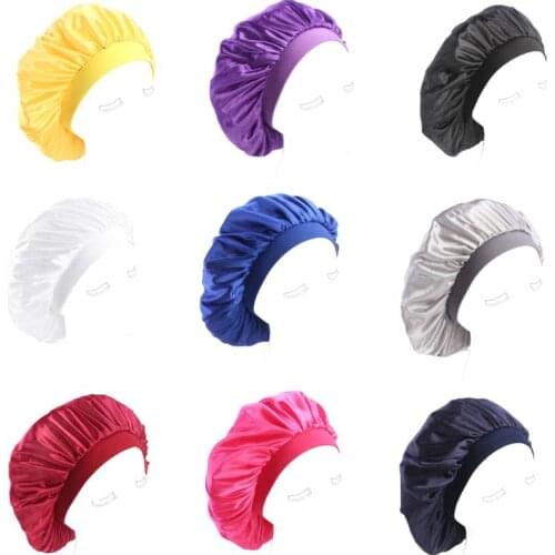 Womens Faux Silk Bonnet Cap Wide Elastic Band Solid Night Sleep Hat Wrap Pleated