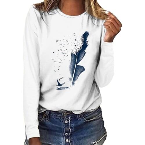 Womens Tops O-Neck Printing Long Sleeve Casual Loose Blouse T-shirt Tops