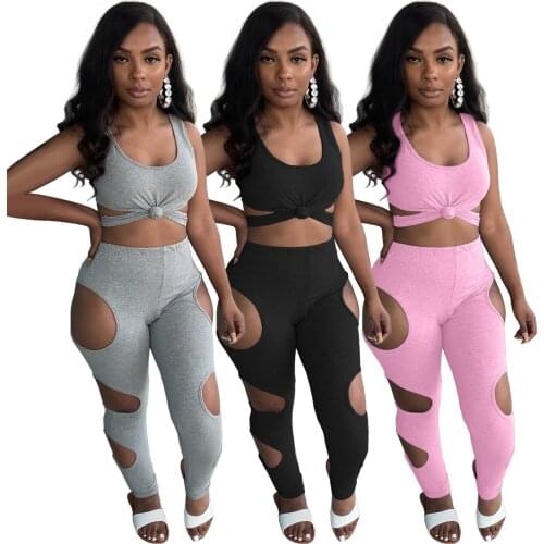Hollow Out Solid Tracksuit Women Summer Casual Cut Out O Neck Sleeveless Crop Top Leggings Bodycon Two Piece Set Sportswear