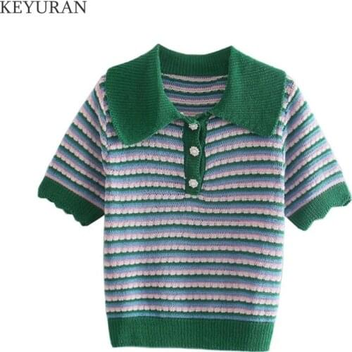 Women Thin Knitted Sweater 2021 Summer Chic Elegant Color Matching Striped Jewellery Button Short Sleeve Tops Knitwear T Shirts