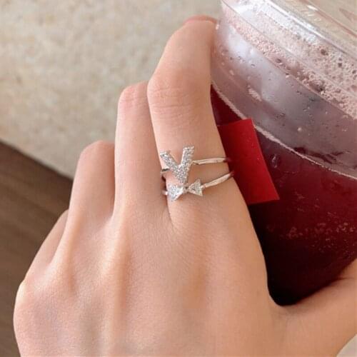 U-Magical Bling Bling Double Layer Letter V Bowknot Ring for Women Cubic Zircon Open Adjustable Index Finger Ring Jewellery