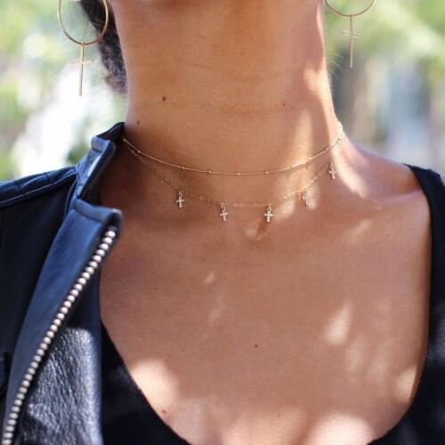 Fashion Shiny Crystal Cross Pendant Necklace Multilayer Chain Beads Necklace Bijoux Femme Necklace Collares Gargantilha Colar
