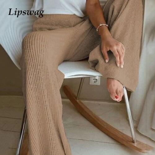 Elegant Solid Ribbed Knitted Pants Women 2021 Spring Summer Lady Casual High Waist Pajamas Pants Wide Leg Trousers Homewear 5XL