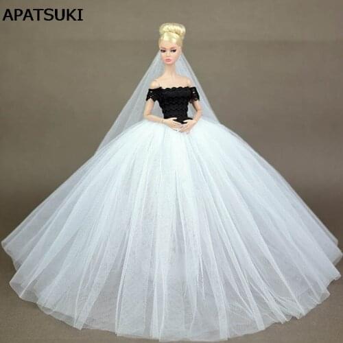 Black Lace White Wedding Dress for Barbie Doll Princess Evening Party Clothes Wears Long Dresses Clothes for Barbie Dollhouse