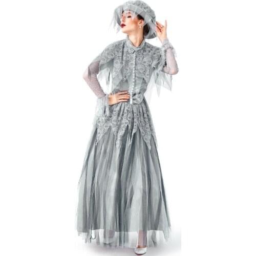 Day of The Dead Graveyard Ghost Bride Costume Halloween Gray Skeleton Spooky Maid Fantasia Fancy Dress