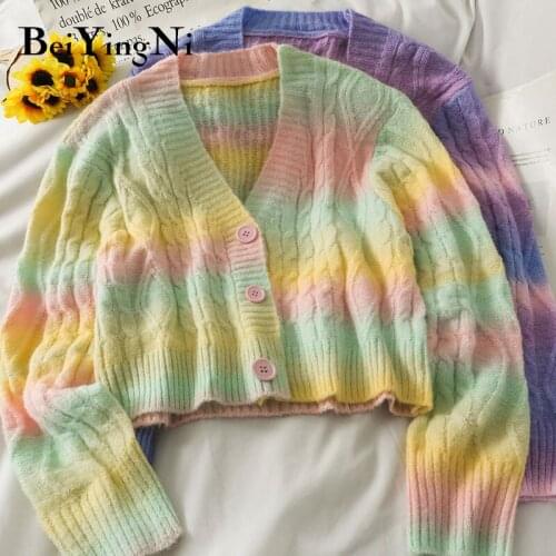 Beiyingni Gradient Color Cardigan Female Single-breasted Loose Casual Jackets Womens Sweaters Knitted Autumn Winter Shorts Coats