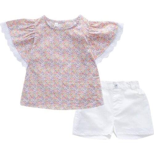 DFXD 1-7Yrs Children Clothes Set Summer Lace Fly Sleeve Flower Print T-shirt Tops+White Shorts 2pc Outfit Kids Clothing Sets New