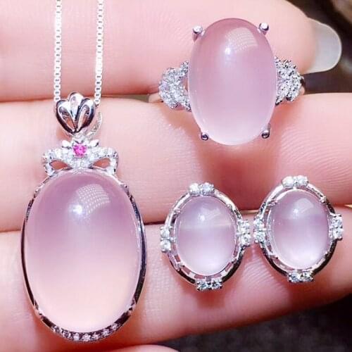 Per jewelry Natural real rose quartz jewelry set 1pc ring 1pc necklace pendant 1pair stud earring 925 sterling silver R2031810