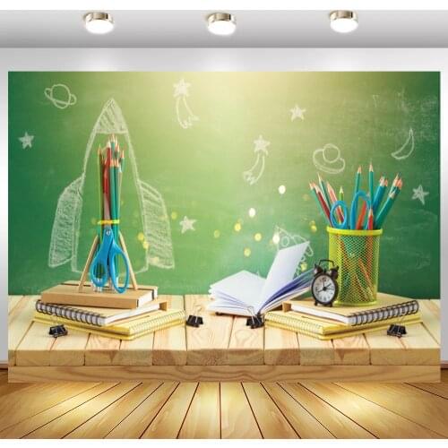 Laeacco Back To School Fantasy Blackboard Space Wooden Floor Pencils Books Party Poster Photo Backdrop Photography Background