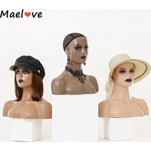 Beige Brown Skin Black Lip Two Colors Skin Mannequin Head With Shoulders Hat Glasses Wig Display Stand With Ear Holes