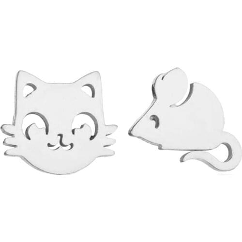 Cute Cat and Mouse Earring Asymmetry Animal Stud Earrings for Fashion Jewelry Gift pendientes mujer Stainless Steel Jewelry