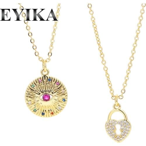 EYIKA Fashion Lucky Evil Eye Heart Lock Pendant Necklace Gold Chain Mix Color Zircon Collar Women Jewelry Daily Accessories Gift