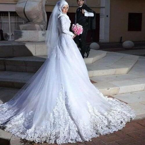 Long Sleeve Muslim Wedding Dresses With Tulle Zipper Back Lace Islamic Wedding Gowns Vestido De Noiva