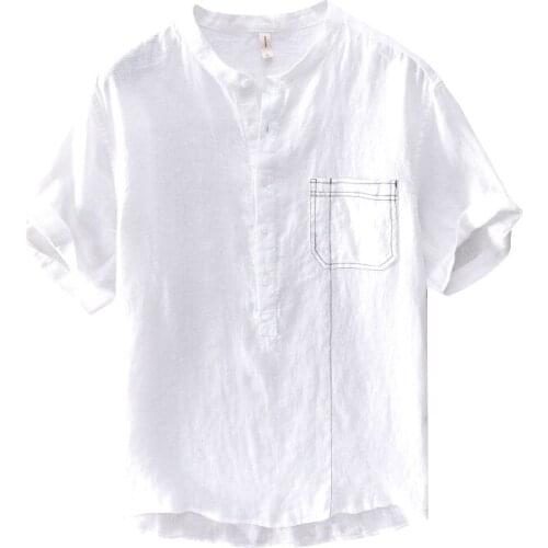 Men Solid Soft Linen Casual Shirts Summer Fashion Five-point Sleeve Shirts Man Male Loose Shirt Tees Clothes Top M-3XL
