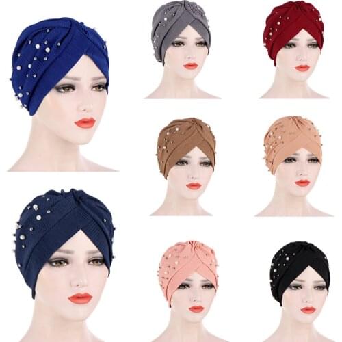 New Muslim Women Beads Ruffle Turban Hat Bonnet Twist Stretch Hijab Headwear Cap Head Wrap Chemo Cancer Beanies Hair Accessories