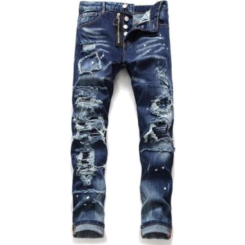 Ragged patch splash paint mens jeans cat beard slim stretch D2 european american small feet pants homme vetement marque luxe