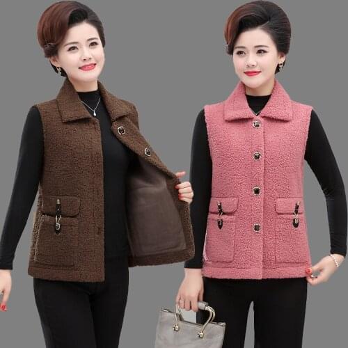 Autumn Women Lamb Hair Vest Casual 2021 Womens Spring Vest Grain Fleece Jacket Fashion Oversize Mother Vest Ladies Pocket Tops