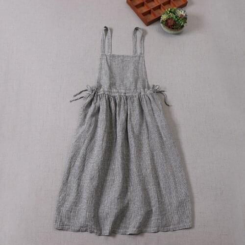 Mori Girl Linen Black White Plaid Dress Literature Elastic Waist Sleeveless Dress Women