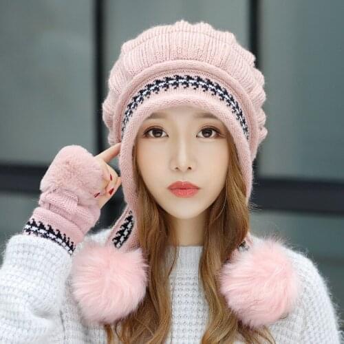 [Hat+Gloves]Autumn and winter knitted woolen hat and gloves two-piece warm hat with cashmere