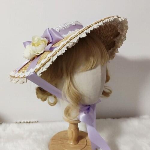 Japanese Lolita Sweet Handmade Straw Sun Hat Lace Patchwork Ribbon Bandage Bowknot Wide Brim Elegant Tea Party Flat Cap