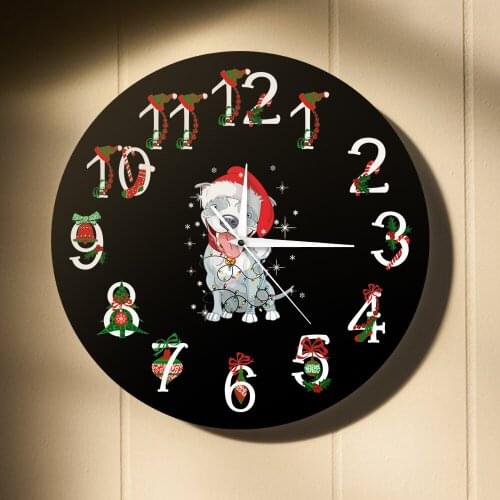 Holiday Puppy Pitmas Modern Wall Watch Happy Christmas Pitbull Dog Breed Wall Clock Pit Bull Christmas Decor Gift For Dog Lover