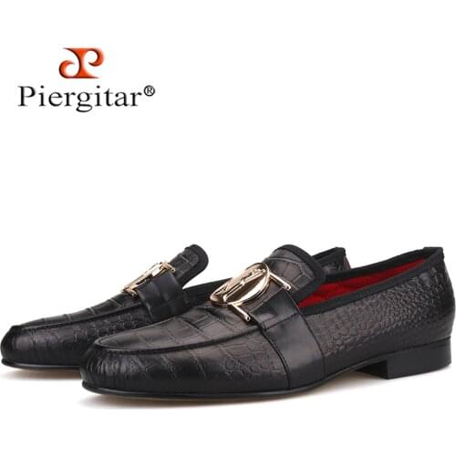 Piergitar black cow leather men smoking slippers fashion metal buckle mens handmade loafers for wendding and party plus size