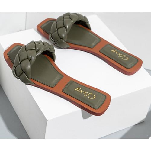 Women Weave Slippers Flat Sandals Open Toes Square Soft Green Foot Pad Leisure Large Size 37-42 Flip Flops Office Women Slippers