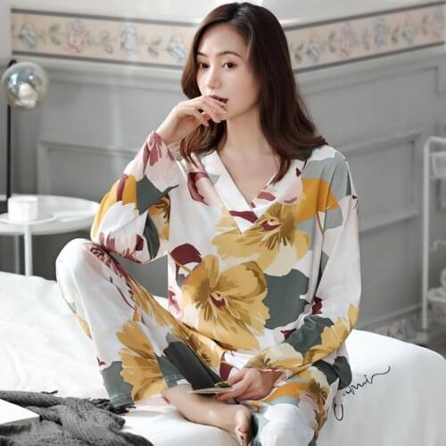 M-4XL Pajamas Set Autumn Spring Long Sleeve Leisure Sleepwear For Women Loose Nightwear Homewear Suit