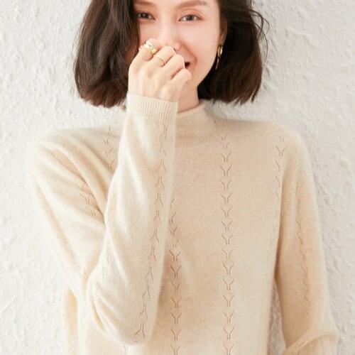 Wool sweater womens autumn and winter new style 100% wool knitted long-sleeved sweater half high neck loose casual pullover