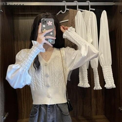 Cardigan Women Patchwork All-match Slim Ulzzang Vintage Elegant Leisure V-neck Simple Soft Female Cropped Stylish Lantern Sleeve