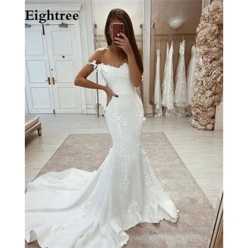 Eightree 2021 Simple Boho Wedding Dress Spaghetti 3D Flower Appliques Floor Length Satin Mermaid Bridal Gowns Long Formal Dress