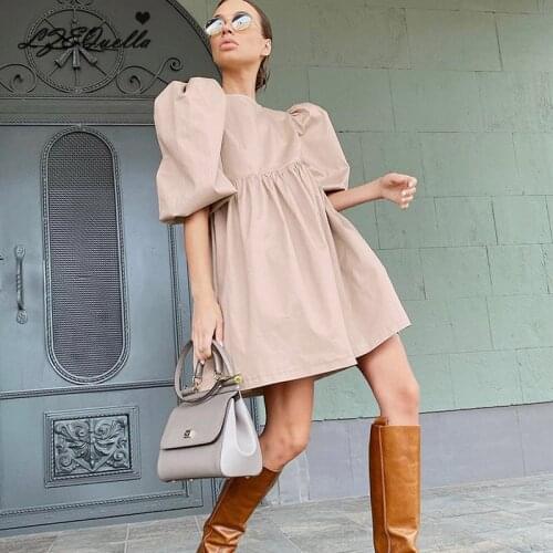 LZEQuella 2021 Summer Women Puff Sleeve O Neck Loose Mini Dress Sexy High Waist Ruffles Dresses Party Holiday Vestidos NZ3678