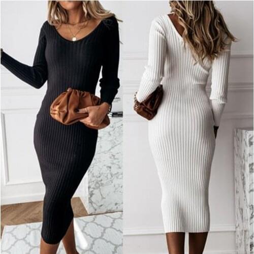 2021 Bodycon Knitted Dress Women Stretchy Long Sleeve Sexy V-neck Solid Basic Slim Midi Winter Dress Female Casual Party Dresses