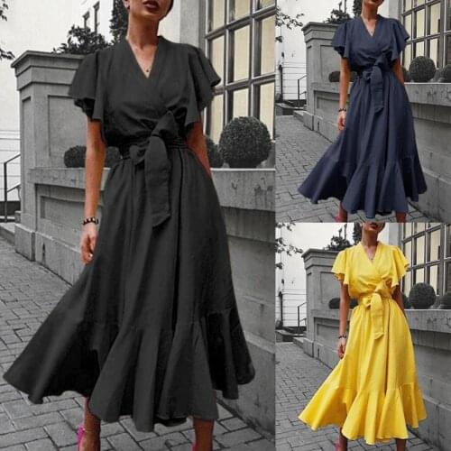 Summer Fashion Elegant Vintage Ruffle Short Sleeve Maxi Dress High Waist Women Ruffle Large Hem V-neck Lacing Dress Sundress 3XL