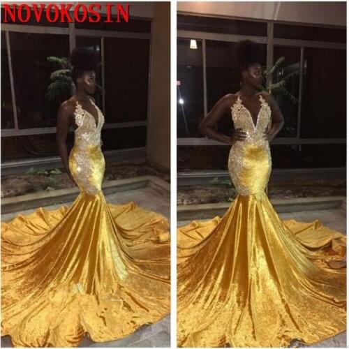 2019 Black Girls Halter Mermaid Gold Long Prom Dresses Lace Applique Backless Sweep Train Formal Party Evening Dresses