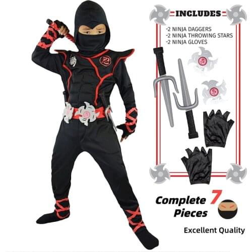 7 Pieces Unisex Child Ninja Deluxe Costume for Kids Role Play Themed Party Halloween Fancy Dress-up